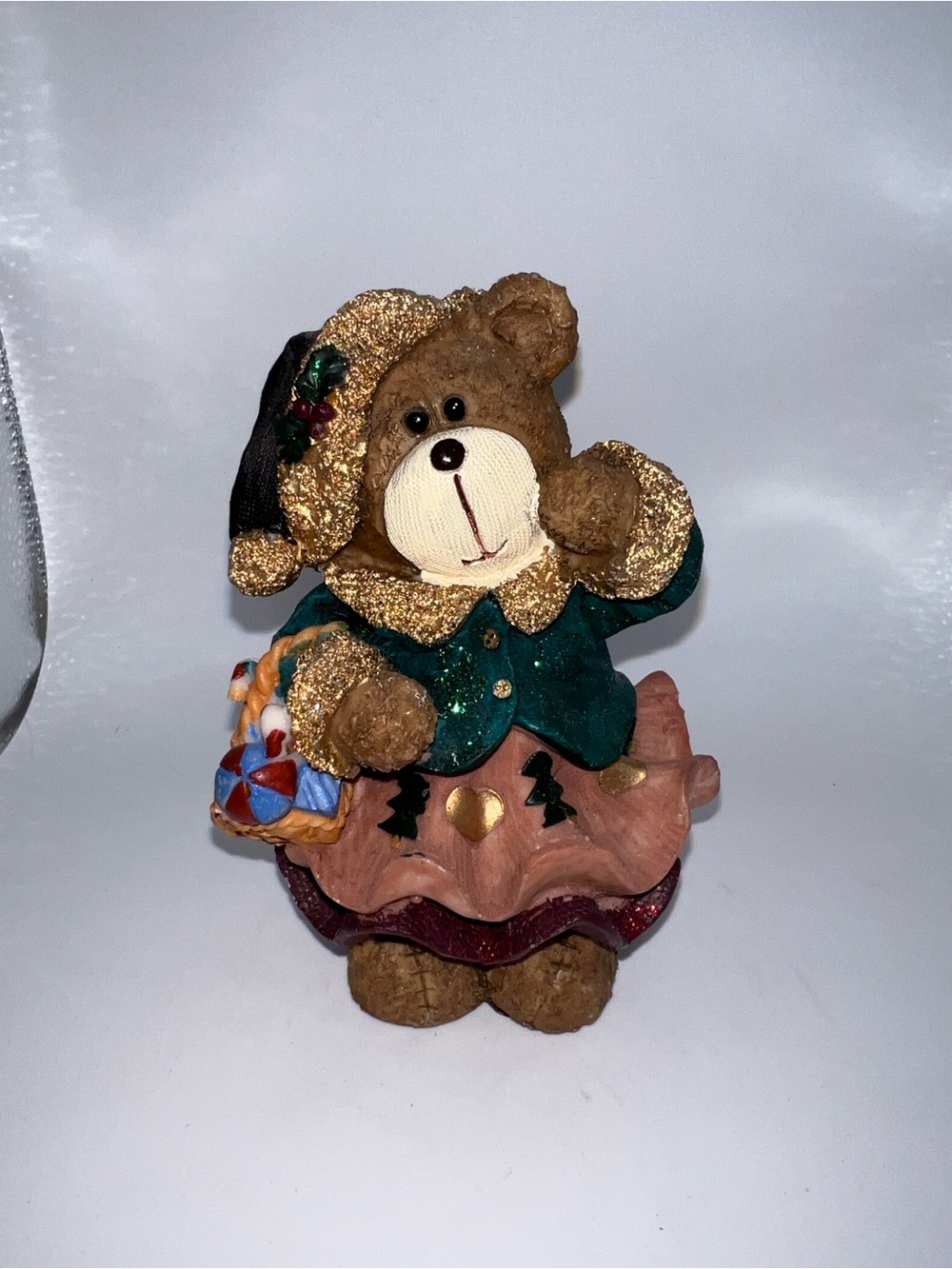 Festive Green and Pink Holiday Bear Figurine by